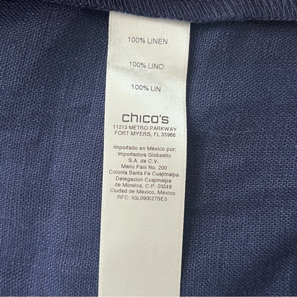 Chicos 100% Linen Ruffled Jacket Navy Blue Snap Front Feminine Natural Fiber - Picture 6 of 7